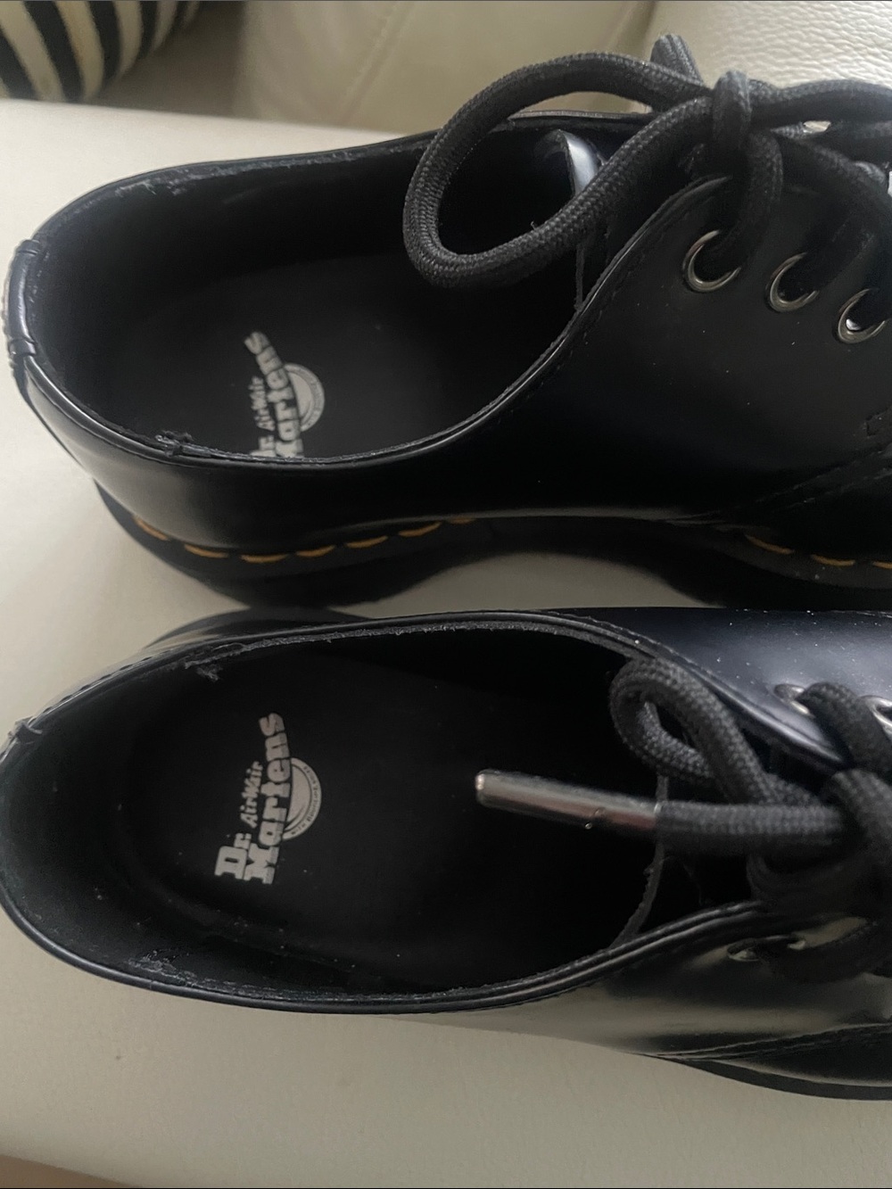 Dr. Martens Black Leather Lace-Up Platform Derbys with Yellow Stitching - Picture 2 of 4